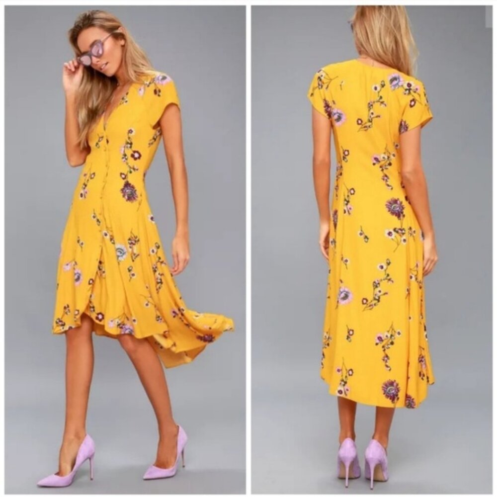 Free People Lost in You Golden Yellow Floral Print Midi Dress